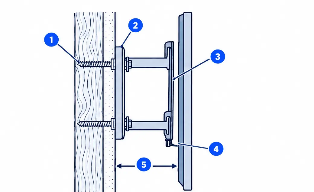 Diagram: side section of a fixed low-profile TV mount, a wall plate lag-bolted through drywall into a wood stud, two brackets on the TV hooked over the plate rails, a narrow gap to the wall and a locking screw at the foot of a bracket
