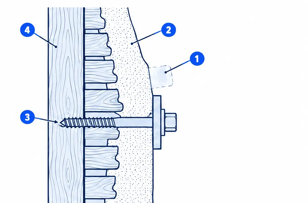 Diagram: side section of a plaster-and-lath wall, a wood stud, horizontal lath strips nailed across it, plaster pressed through the lath gaps, a tape square on the plaster face and a mount plate with a long lag bolt passing through the plaster and lath into the stud