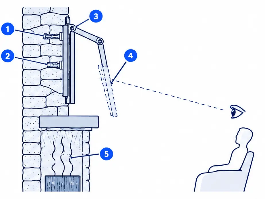 Diagram: side section of a pull-down fireplace mount on a stone chimney wall above a mantel, the TV folded high against the wall and a dashed position pulled down and forward to eye level, with heat lines rising from the firebox