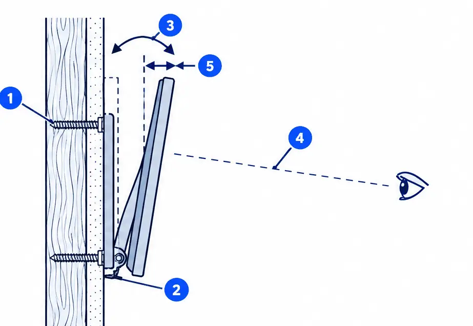 Diagram: side section of a tilting TV mount, a plate lag-bolted into a stud, the TV hinged at its lower pivot with the top tipped out from the wall and a dashed sightline from a seated eye to the screen