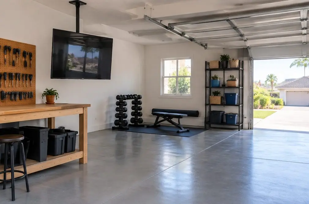 Illustration: a TV with the screen off on a ceiling drop pole beside a workbench in a clean Fullerton garage with an open roll-up door and a weight bench