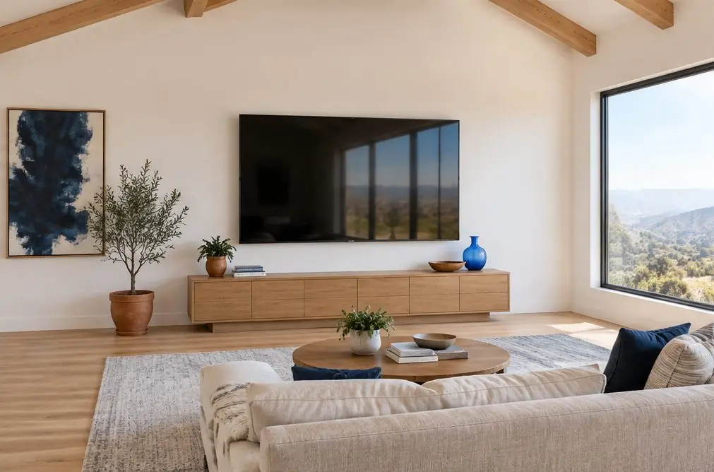 Illustration: a large TV with the screen off on a tall white wall of a Fullerton hillside family room with a vaulted ceiling, a sectional sofa and a window with a canyon view